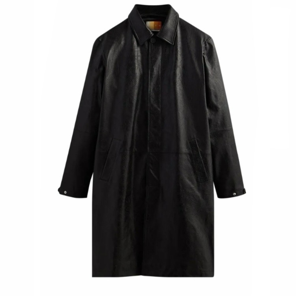 RARE NWT KITH Brighton Over Coat Embossed Paisley Print  Black Leather Trench